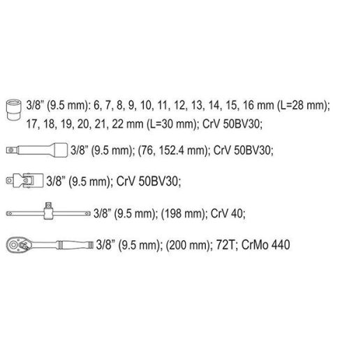YATO YT-38561 Dugókulcs készlet 22 részes 3/8" 6-22 mm CrV