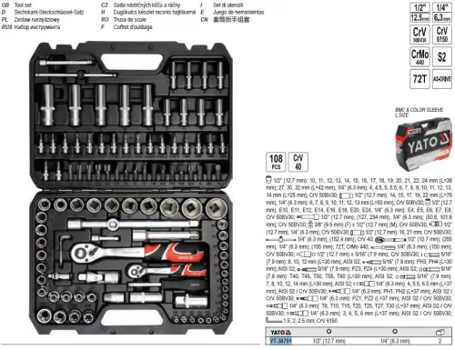 YATO YT-38791 Dugókulcs készlet 108 részes 1/4 Col, 1/2 Col CrV