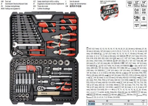 YATO YT-38901 Szerszámkészlet 122 részes 1/4", 1/2" CrV CrMo