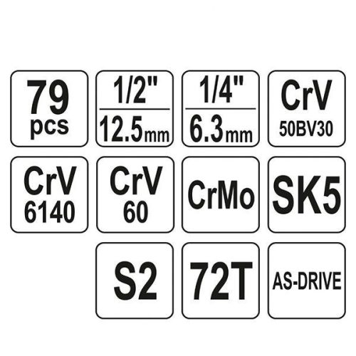 YATO YT-38911 Szerszámkészlet 79 részes 1/4", 1/2" CrV CrMo
