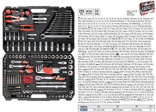 YATO YT-38941 Szerszámkészlet 225 részes 1/4 Col, 3/8 Col, 1/2 Col CrV CrMo