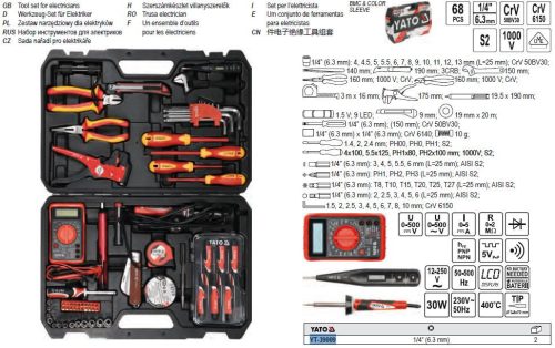 YATO YT-39009 Szigetelt szerszámkészlet villanyszerelőknek 68 részes 1/4 Col 1000 V CrV