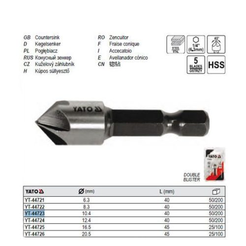 YATO YT-44726 Kúpos süllyesztő fémre 20,5 mm bit befogású HSS