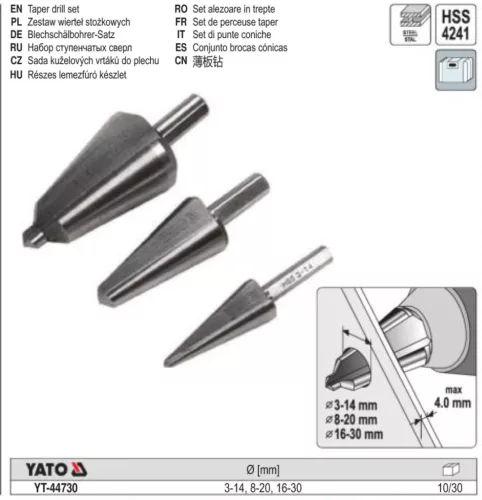 YATO YT-44730 Lépcsős fúró készlet 3 részes inox