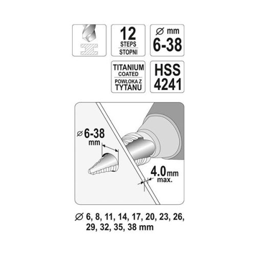 YATO YT-44740 Lépcsős fúró 6-38 mm 12 lépcsős HSS titán-nitrid