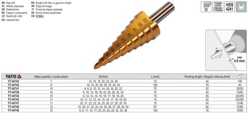 YATO YT-44743 Lépcsős fúró 14-26 mm 7 lépcsős HSS titán-nitrid