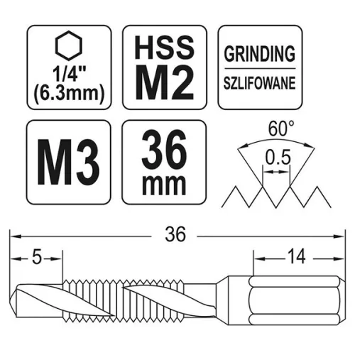 YATO YT-44840 Kombinált gépi fúró-menetfúró M3 bit befogású