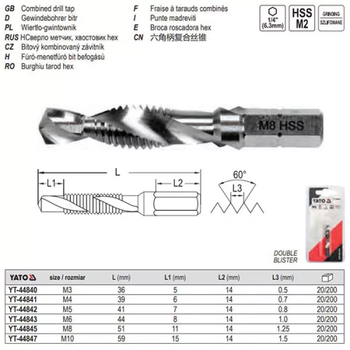 YATO YT-44841 Kombinált gépi fúró-menetfúró M4 bit befogású