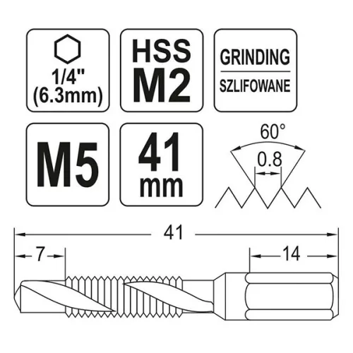 YATO YT-44842 Kombinált gépi fúró-menetfúró M5 bit befogású