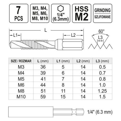 YATO YT-44849 Kombinált gépi fúró-menetfúró készlet 7 részes bit befogású (M3-M4-M5-M6-M8-M10)