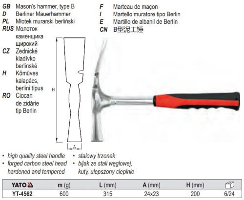 YATO YT-4562 Kőműves kalapács 600 g fémnyél berlini típus
