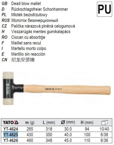 YATO YT-4625 Műanyag kalapács 430 g visszarúgásmentes fehér műanyag