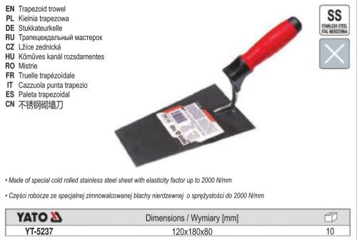YATO YT-5237 Kőműves kanál 180 mennyezeti inox lágy fogantyús