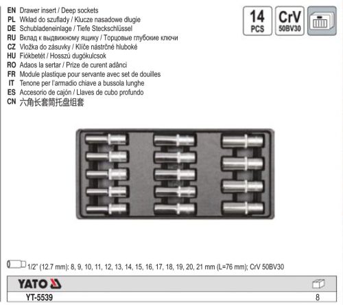 YATO YT-5539 Hosszú dugókulcs készlet 14 részes 1/2 Col 8-21 mm (fiókbetét)