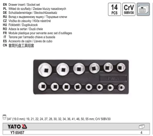 YATO YT-55457 Dugókulcs készlet 14 részes 3/4 Col 19-55 mm CrV (fiókbetét)