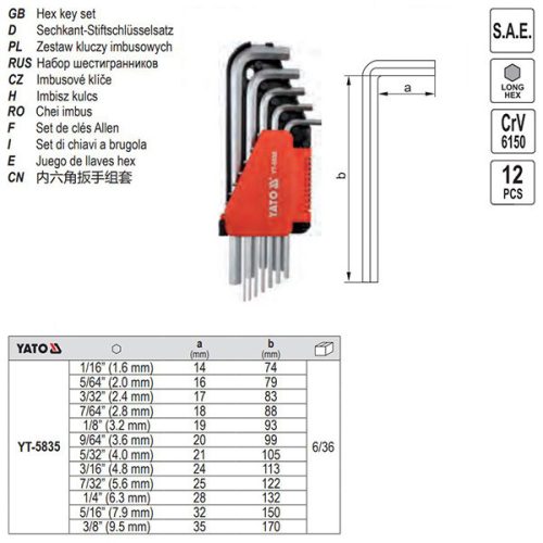 YATO YT-5835 Imbuszkulcs készlet 12 részes 1/16 Col-3/8 Col CrV
