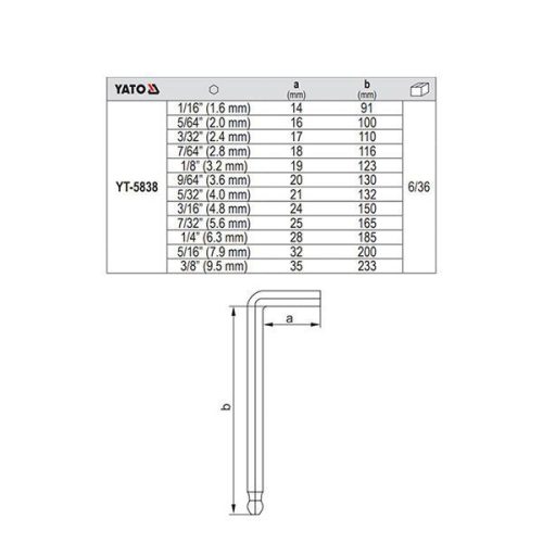 YATO YT-5838 Hosszú gömbfejű imbuszkulcs készlet 12 részes 1/16 Col-3/8 Col CrV