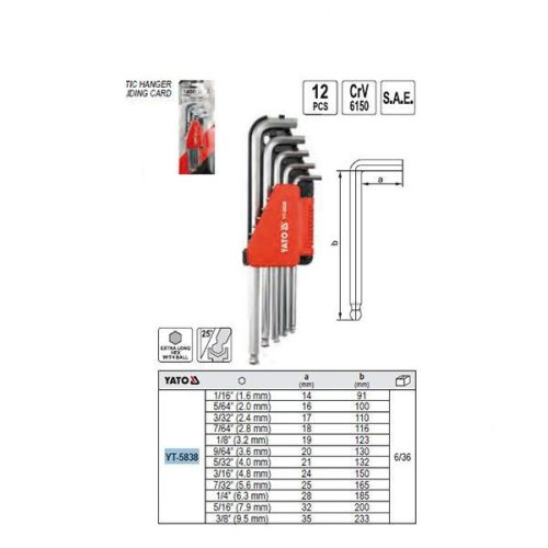 YATO YT-5838 Hosszú gömbfejű imbuszkulcs készlet 12 részes 1/16 Col-3/8 Col CrV