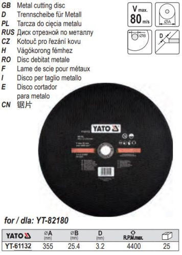 YATO YT-61132 Vágókorong fémre 355 x 3,2 x 25,4 mm