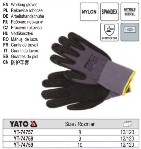 YATO YT-74759 Munkavédelmi kesztyű habosított nitril mártott 10-es csúszásgátlós
