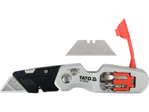 YATO YT-75210 Behajtható tarpézpengés kés övvágó / dobozbontó funkcióval +2 db pótpengével +2 db bitheggyel (1 db lapos 6mm, 1 db PH2)
