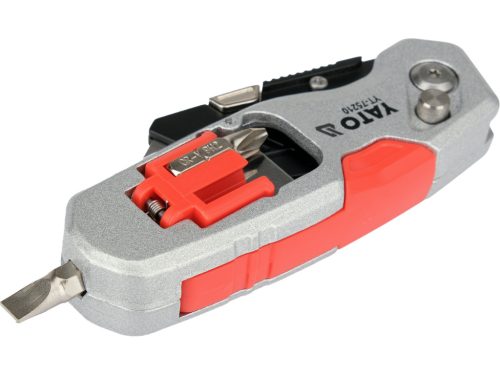 YATO YT-75210 Behajtható tarpézpengés kés övvágó / dobozbontó funkcióval +2 db pótpengével +2 db bitheggyel (1 db lapos 6mm, 1 db PH2)