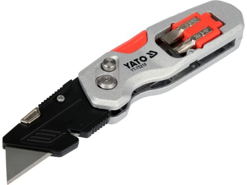 YATO YT-75210 Behajtható tarpézpengés kés övvágó / dobozbontó funkcióval +2 db pótpengével +2 db bitheggyel (1 db lapos 6mm, 1 db PH2)
