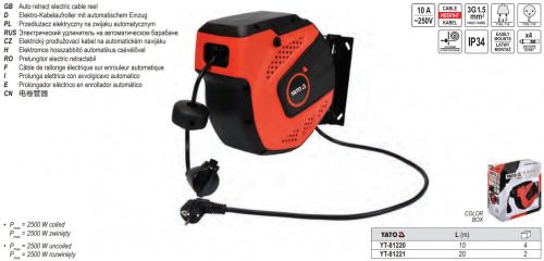 YATO YT-81220 Elektromos kábeldob automata falra szerelhető 3 x 1,5 mm2 10m
