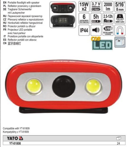 YATO YT-81808 Akkus LED reflektor hangszóróval 2000 lumen