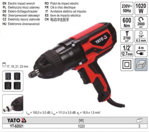 YATO YT-82021 Elektromos ütvecsavarozó 1/2 Col 600 Nm 1020 W