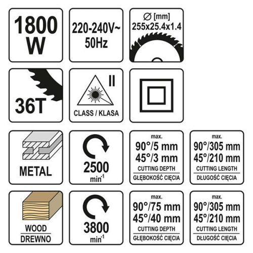 YATO YT-82174 Elektromos gérvágó lézeres fára / fémre 255 mm 1800 W