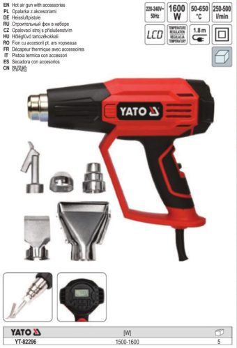 YATO YT-82296 Elektromos hőlégfúvó tartozékokkal LCD kijelzővel 50 - 650 °C 1600 W