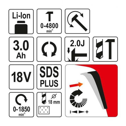 YATO YT-82770 Akkus fúrókalapács SDS-Plus 2,0 J 18 V Li-Ion (1 x 3,0 Ah akku + töltő)