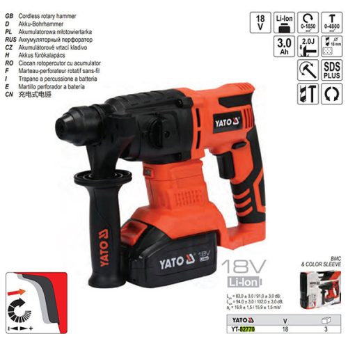 YATO YT-82770 Akkus fúrókalapács SDS-Plus 2,0 J 18 V Li-Ion (1 x 3,0 Ah akku + töltő)