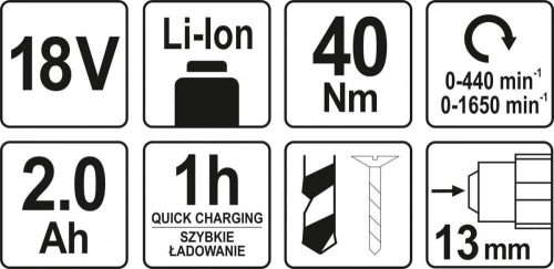 YATO YT-82780 Akkus fúrócsavarozó 40 Nm 18 V Li-Ion (1 x 2,0 Ah akku + töltő)