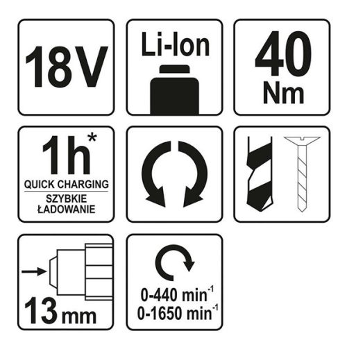 YATO YT-82781 Akkus fúrócsavarozó 40 Nm 18 V Li-Ion (akku + töltő nélkül)