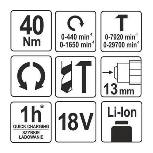 YATO YT-82787 Akkus ütvefúró-csavarozó 40 Nm 18 V Li-Ion (akku + töltő nélkül)