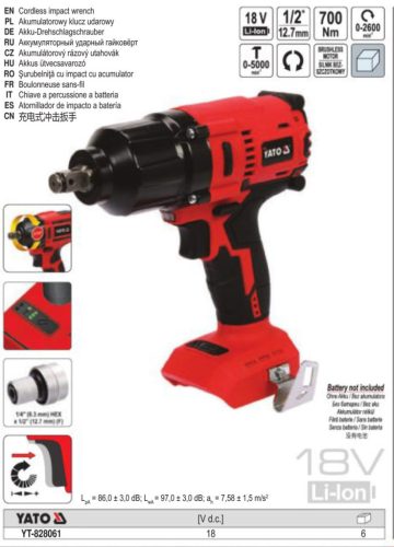 YATO YT-828061 Akkus ütvecsavarozó 700 Nm szénkefe nélküli 18 V Li-Ion (akku + töltő nélkül)