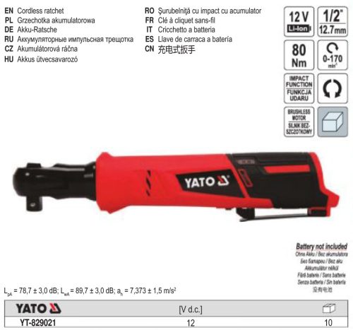 YATO YT-829021 Akkus sarok ütvecsavarozó 1/2 Col 80 Nm szénkefe nélküli 12 V Li-Ion (akku + töltő nélkül)