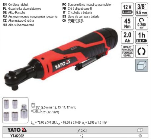 YATO YT-82902 Akkus sarok ütvecsavarozó 3/8 Col 45 Nm 12 V Li-Ion (1 x 2,0 Ah akku + töltő)