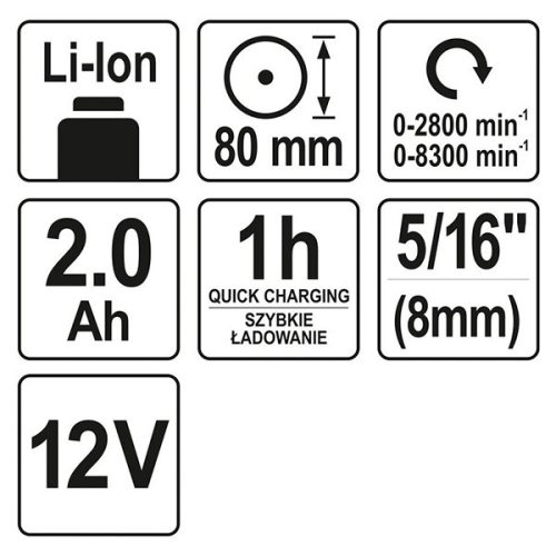 YATO YT-82903 Akkus polírozó 80 mm 12 V Li-Ion (1 x 2,0 Ah akku + töltő)