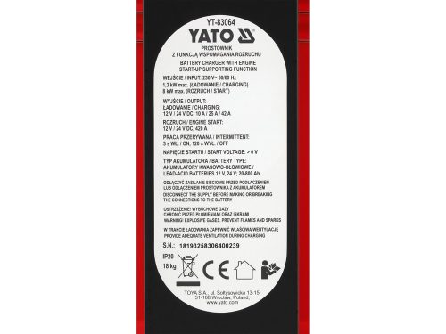 YATO YT-83064 Akkumulátor töltő és indító 12/24V 230V 20 - 800Ah