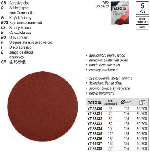 YATO YT-83435 Tépőzáras fíbertárcsa 125 mm / P120 (5 db/cs)
