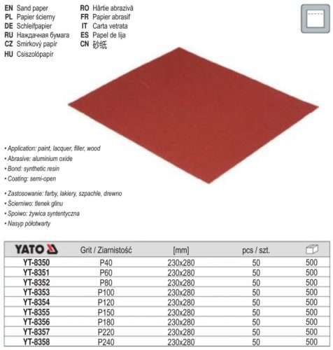 YATO YT-8350 Csiszolópapír A4 230 x 280 mm / P40 (50 db/cs)