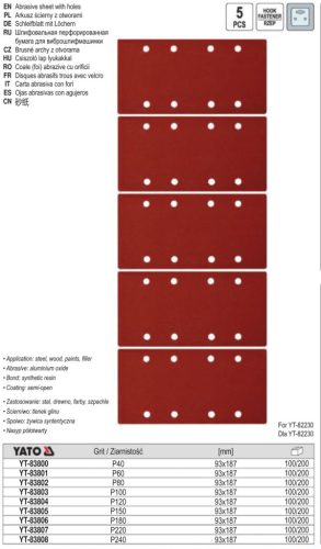 YATO YT-83802 Tépőzáras csiszolópapír rezgőcsiszolóhoz 90 x 187 mm P80 (5 db/cs)