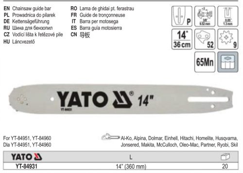 YATO YT-84931 Láncfűrész láncvezető 14 Col 3/8 Col 1,3 mm