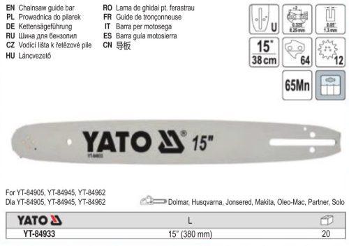 YATO YT-84933 Láncfűrész láncvezető 15 Col 0,325 Col 1,3 mm