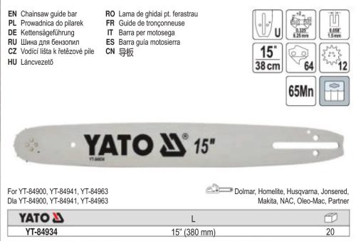 YATO YT-84934 Láncfűrész láncvezető 15 Col 0,325 Col 1,5 mm