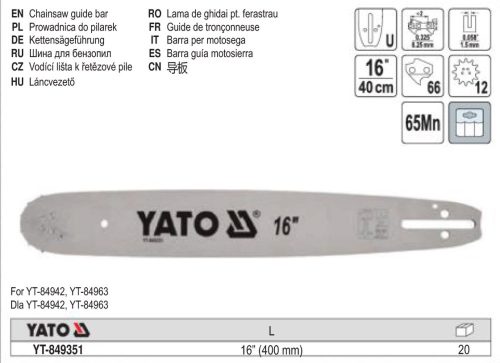 YATO YT-849351 Láncfűrész láncvezető 16 Col 0,325 Col 1,5 mm