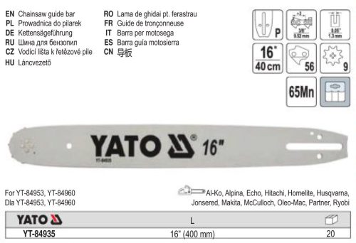 YATO YT-84935 Láncfűrész láncvezető 16 Col 3/8 Col 1,3 mm